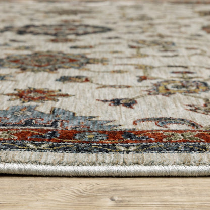 2' X 8' Beige Rust Red Blue Gold And Grey Oriental Power Loom Stain Resistant Runner Rug With Fringe