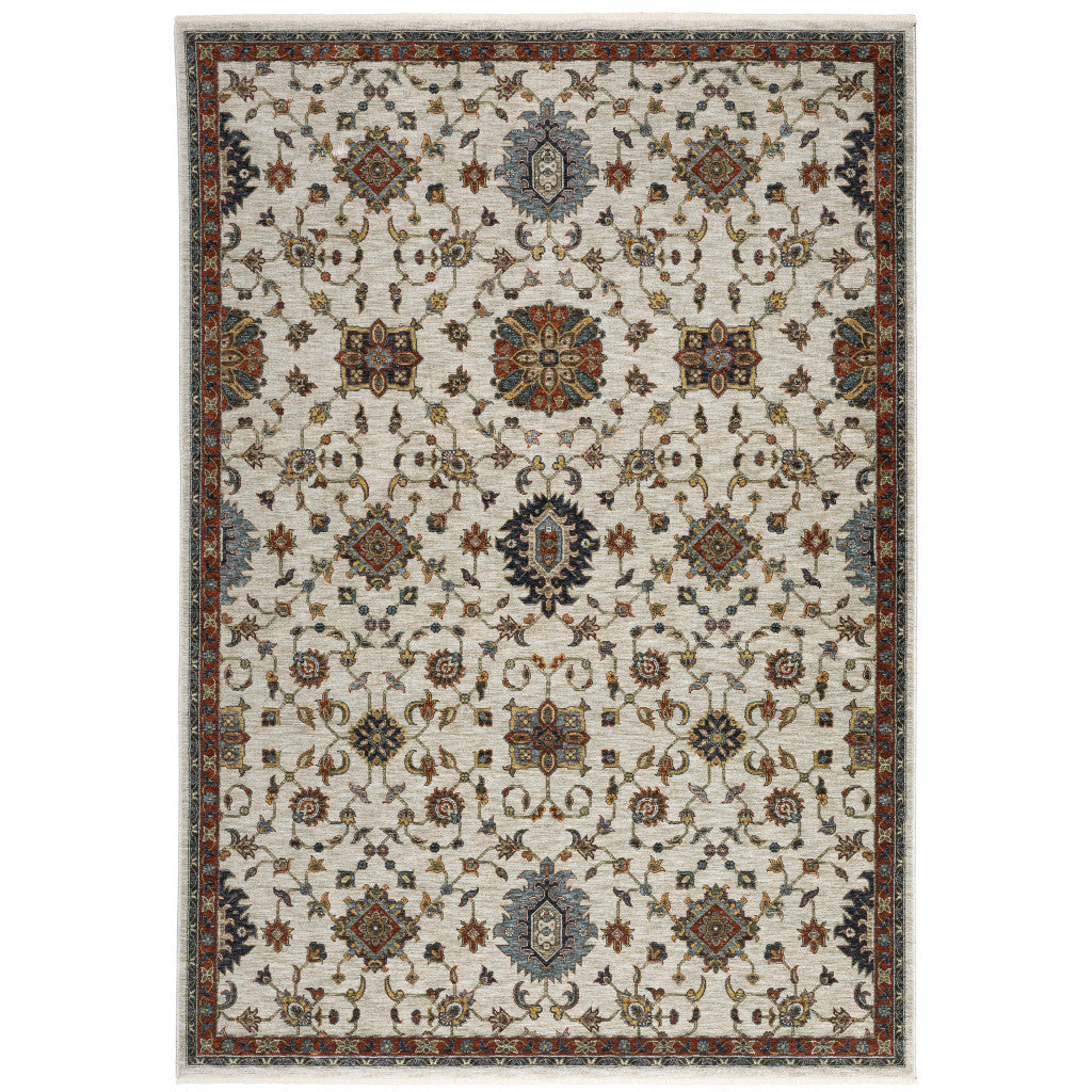 2' X 3' Ivory Grey Rust Red Gold And Shades Of Blue Oriental Power Loom Stain Resistant Area Rug With Fringe