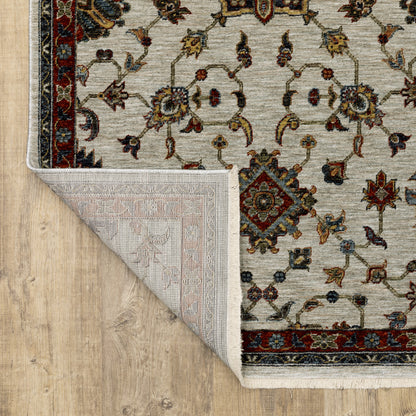 2' X 3' Ivory Grey Rust Red Gold And Shades Of Blue Oriental Power Loom Stain Resistant Area Rug With Fringe