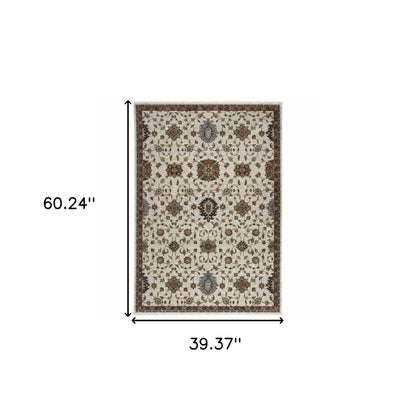 3' X 5' Beige Rust Red Blue Gold And Grey Oriental Power Loom Stain Resistant Area Rug With Fringe