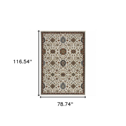 6' X 9' Beige Rust Red Blue Gold And Grey Oriental Power Loom Stain Resistant Area Rug With Fringe