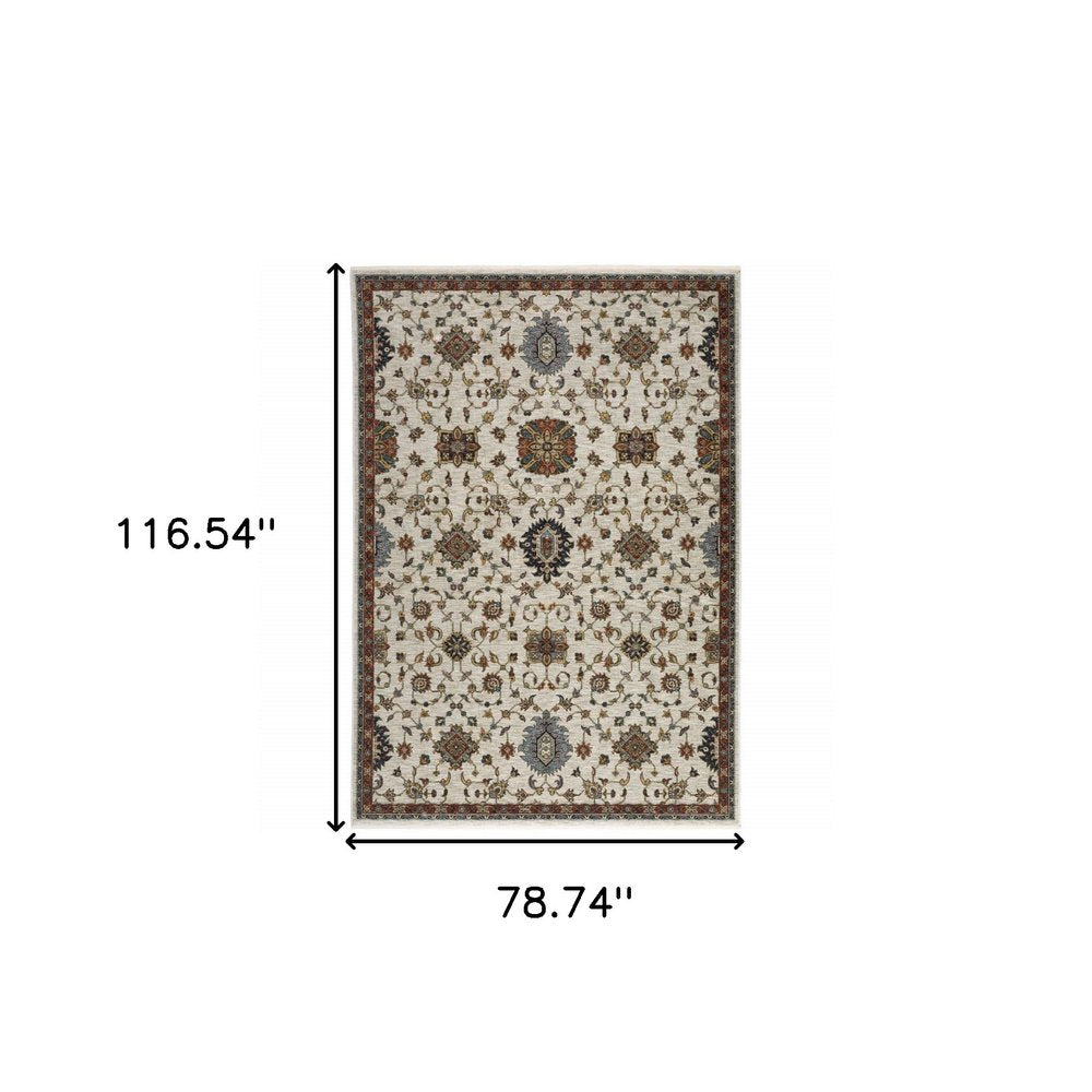 7' X 10' Ivory Red And Yellow Oriental Area Rug With Fringe