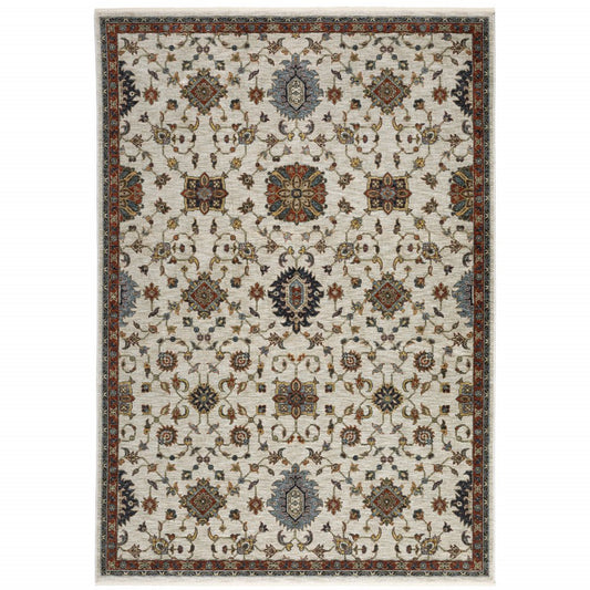 7' X 10' Ivory Red And Yellow Oriental Area Rug With Fringe