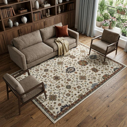 8' X 11' Ivory Red And Yellow Oriental Area Rug With Fringe