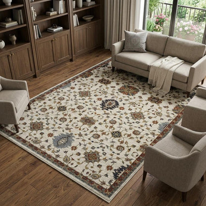 8' X 11' Ivory Red And Yellow Oriental Area Rug With Fringe