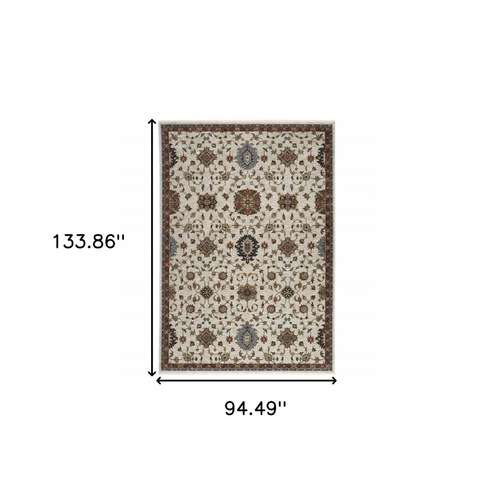 8' X 11' Ivory Red And Yellow Oriental Area Rug With Fringe