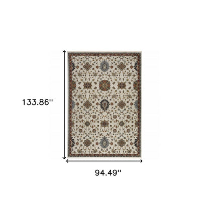 8' X 11' Ivory Red And Yellow Oriental Area Rug With Fringe