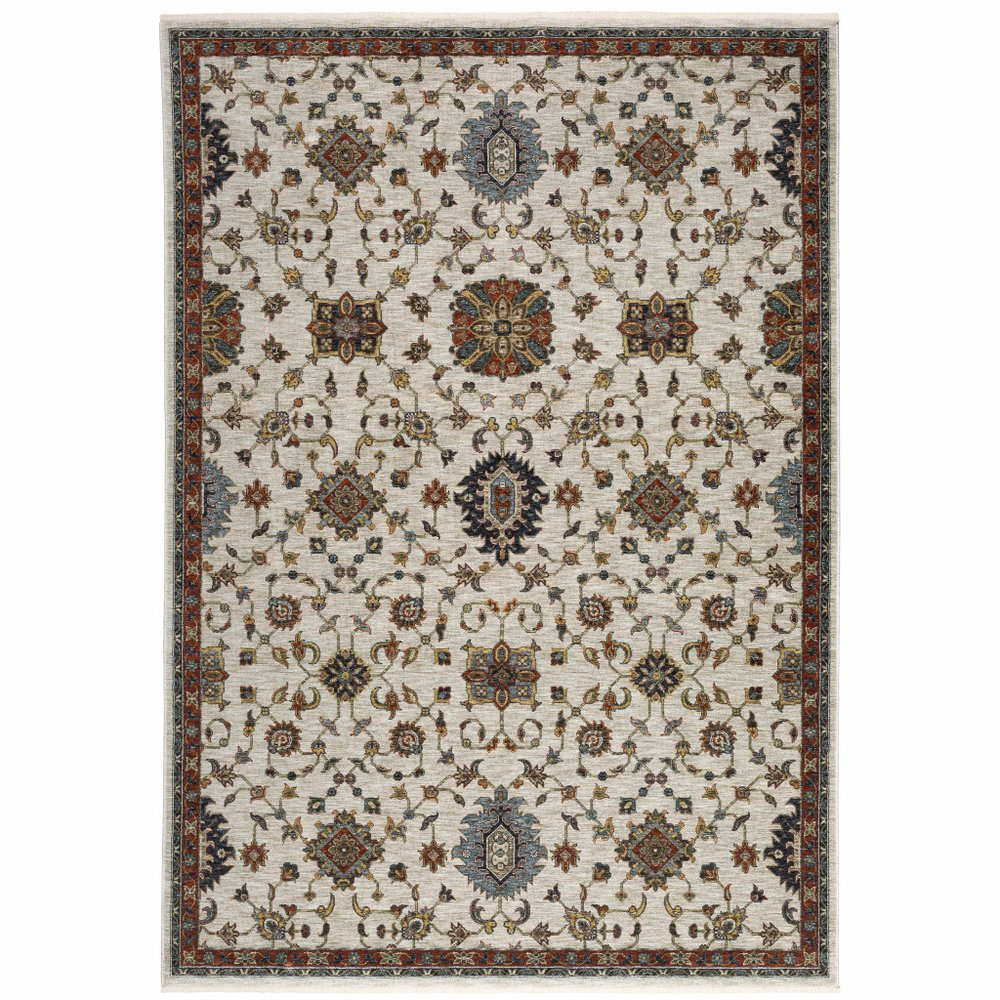 8' X 11' Ivory Red And Yellow Oriental Area Rug With Fringe