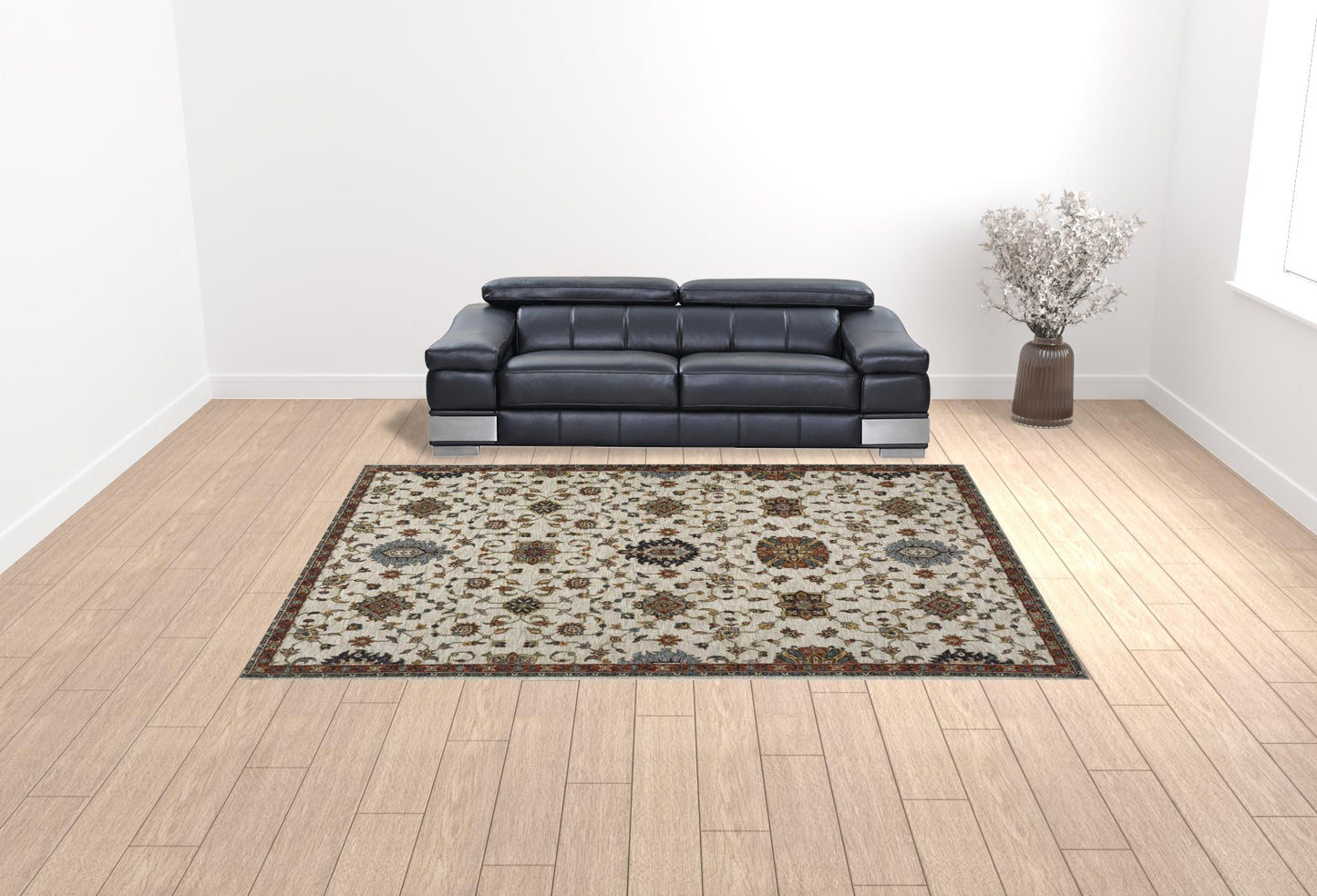 10' X 13' Beige Rust Red Blue Gold And Grey Oriental Power Loom Stain Resistant Area Rug With Fringe