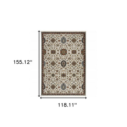 10' X 13' Beige Rust Red Blue Gold And Grey Oriental Power Loom Stain Resistant Area Rug With Fringe