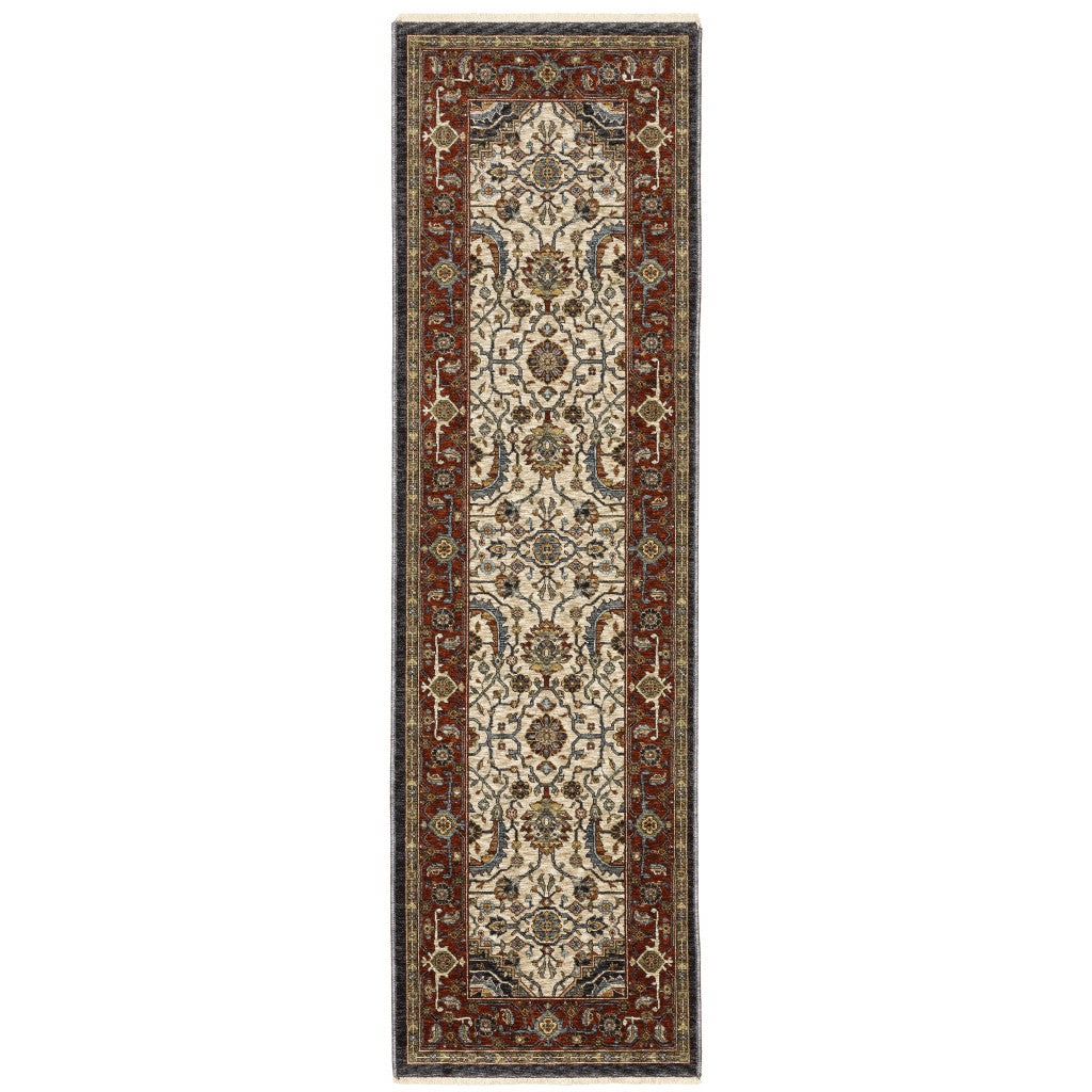 2' X 8' Ivory Beige Red Blue Gold Green And Navy Oriental Power Loom Stain Resistant Runner Rug With Fringe