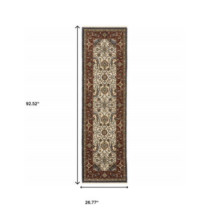 2' X 8' Ivory Beige Red Blue Gold Green And Navy Oriental Power Loom Stain Resistant Runner Rug With Fringe