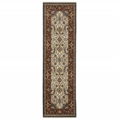 2' X 8' Ivory Beige Red Blue Gold Green And Navy Oriental Power Loom Stain Resistant Runner Rug With Fringe