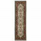 2' X 8' Ivory Beige Red Blue Gold Green And Navy Oriental Power Loom Stain Resistant Runner Rug With Fringe