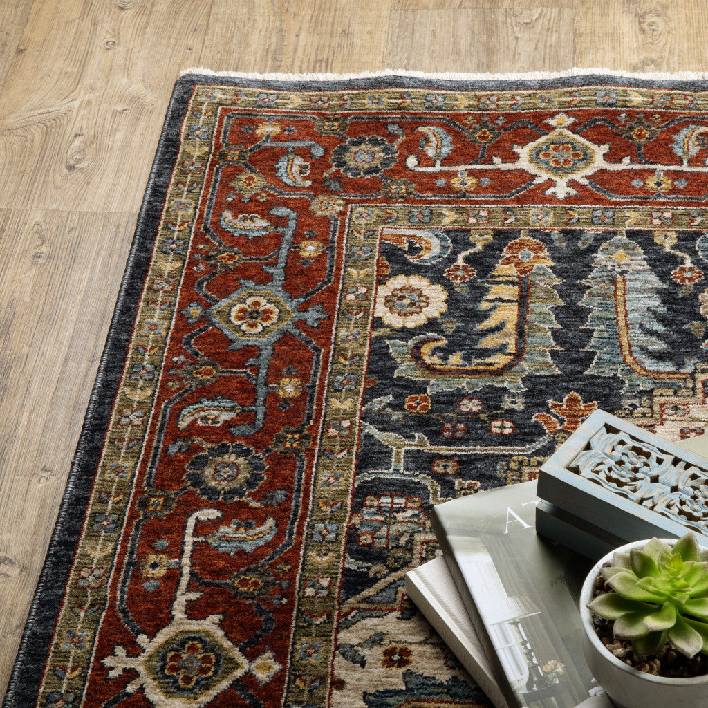 2' X 8' Ivory Beige Red Blue Gold Green And Navy Oriental Power Loom Stain Resistant Runner Rug With Fringe