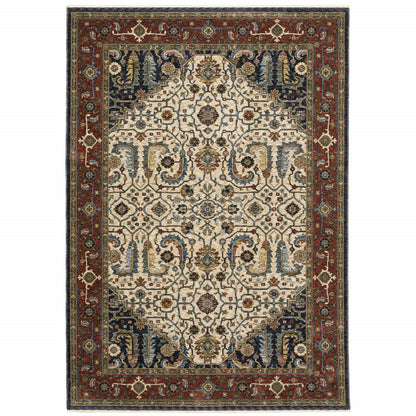 2' X 3' Ivory Beige Red Blue Gold Green And Navy Oriental Power Loom Stain Resistant Area Rug With Fringe