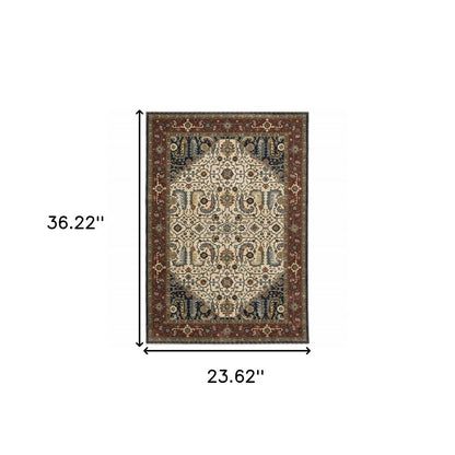 2' X 3' Ivory Beige Red Blue Gold Green And Navy Oriental Power Loom Stain Resistant Area Rug With Fringe