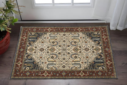 2' X 3' Ivory Beige Red Blue Gold Green And Navy Oriental Power Loom Stain Resistant Area Rug With Fringe