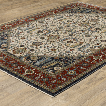 2' X 3' Ivory Beige Red Blue Gold Green And Navy Oriental Power Loom Stain Resistant Area Rug With Fringe