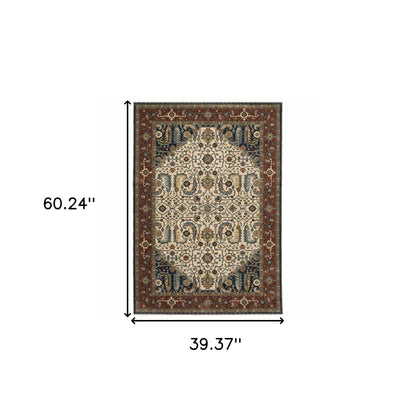 3' X 5' Ivory Beige Red Blue Gold Green And Navy Oriental Power Loom Stain Resistant Area Rug With Fringe