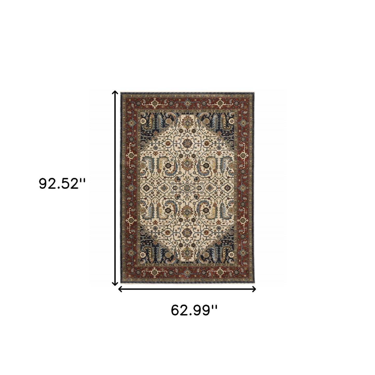 5' X 8' Ivory Beige Red Blue Gold Green And Navy Oriental Power Loom Stain Resistant Area Rug With Fringe