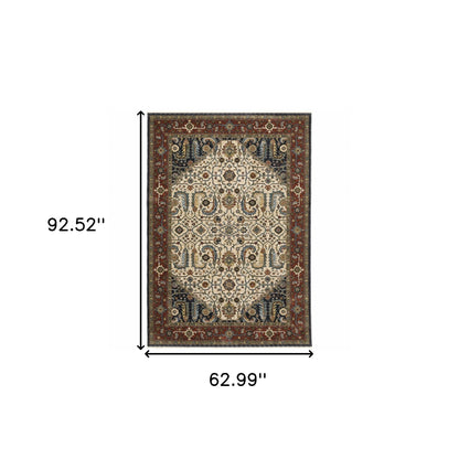 5' X 8' Ivory Beige Red Blue Gold Green And Navy Oriental Power Loom Stain Resistant Area Rug With Fringe