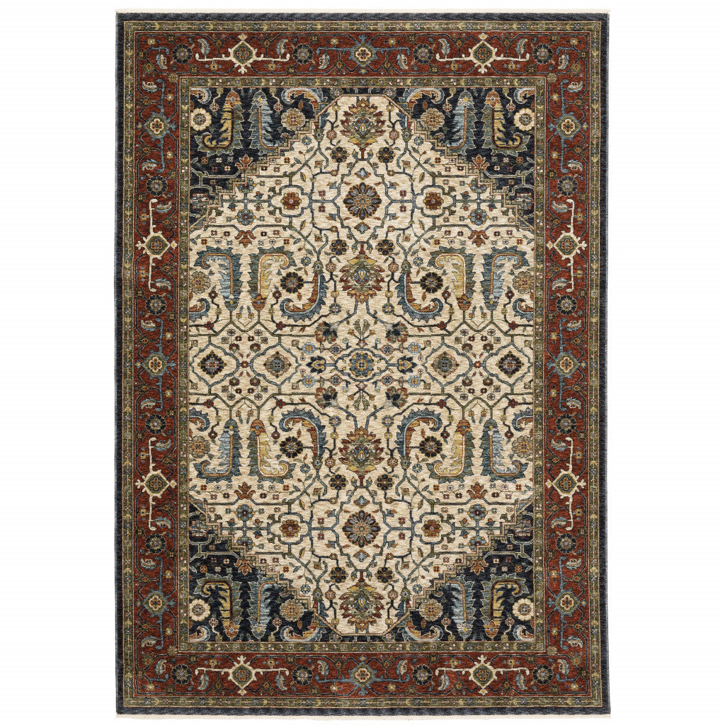 6' X 9' Ivory Beige Red Blue Gold Green And Navy Oriental Power Loom Stain Resistant Area Rug With Fringe