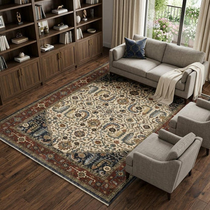 7' X 10' Ivory Red And Green Oriental Area Rug With Fringe