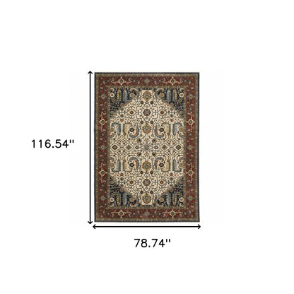 6' X 9' Ivory Beige Red Blue Gold Green And Navy Oriental Power Loom Stain Resistant Area Rug With Fringe