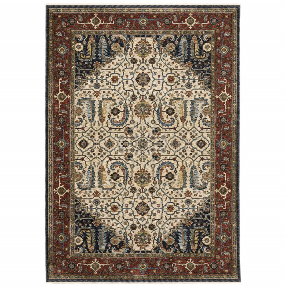 7' X 10' Ivory Red And Green Oriental Area Rug With Fringe