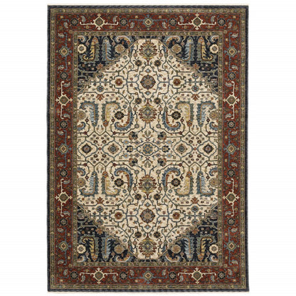 7' X 10' Ivory Red And Green Oriental Area Rug With Fringe