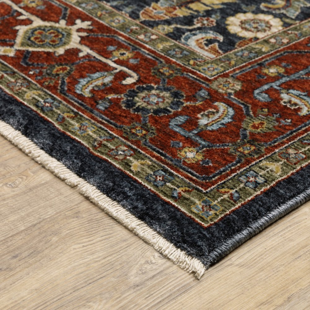 7' X 10' Ivory Red And Green Oriental Area Rug With Fringe