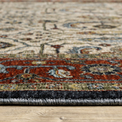 6' X 9' Ivory Beige Red Blue Gold Green And Navy Oriental Power Loom Stain Resistant Area Rug With Fringe