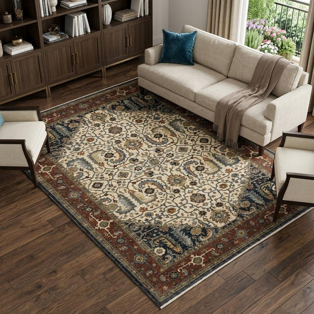 8' X 11' Ivory Red And Green Oriental Area Rug With Fringe
