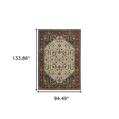 8' X 11' Ivory Beige Red Blue Gold Green And Navy Oriental Power Loom Stain Resistant Area Rug With Fringe