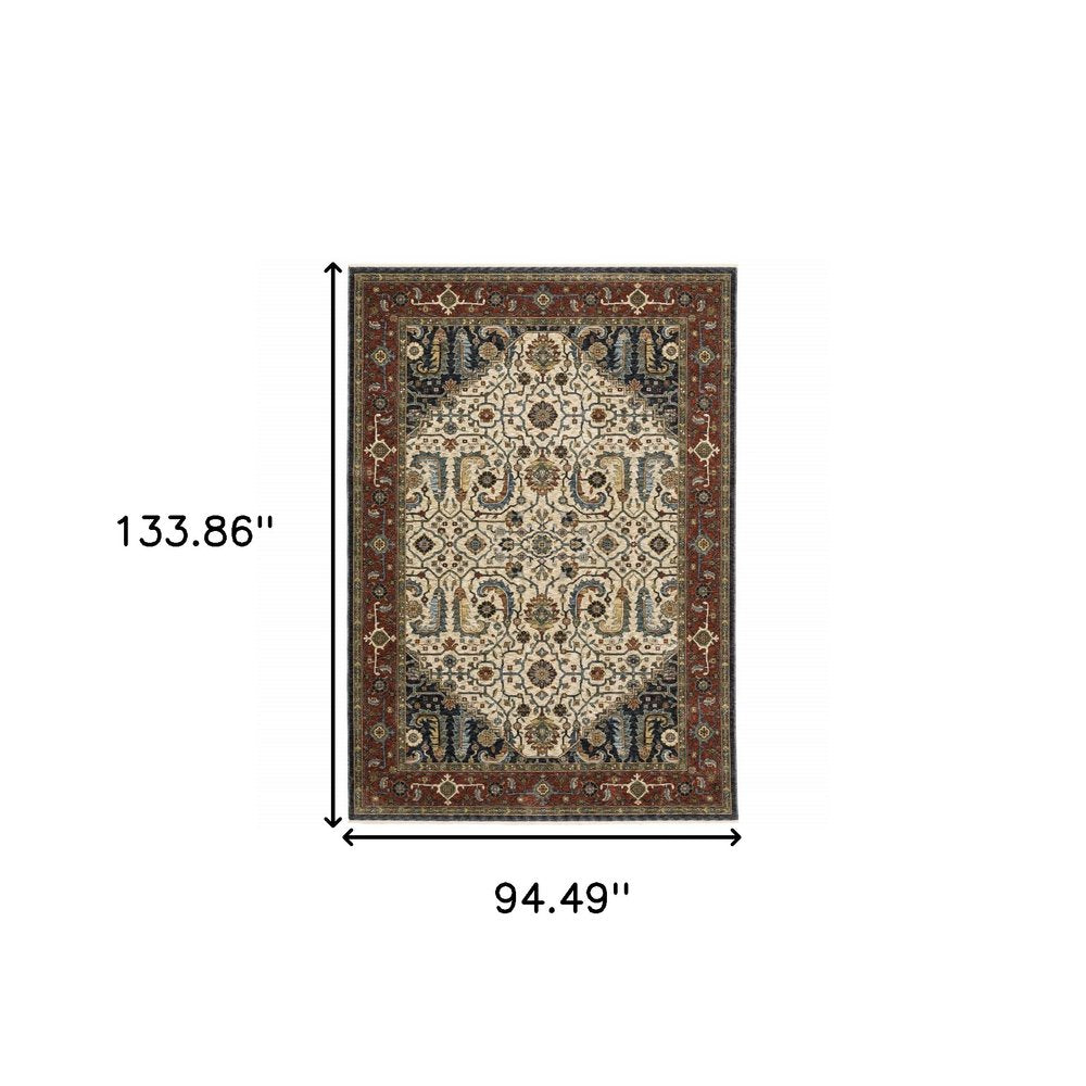 8' X 11' Ivory Red And Green Oriental Area Rug With Fringe