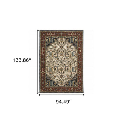 8' X 11' Ivory Red And Green Oriental Area Rug With Fringe