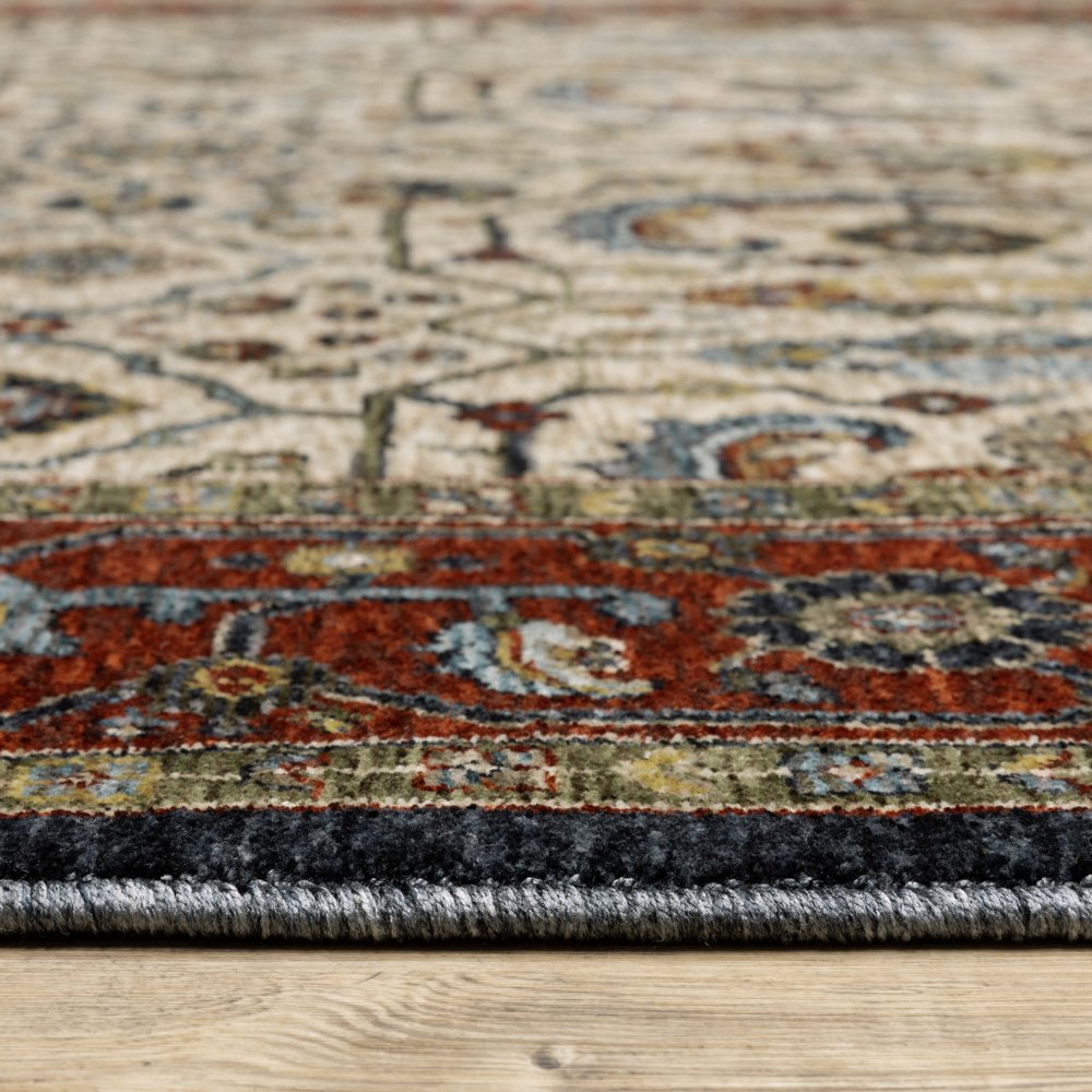 8' X 11' Ivory Red And Green Oriental Area Rug With Fringe
