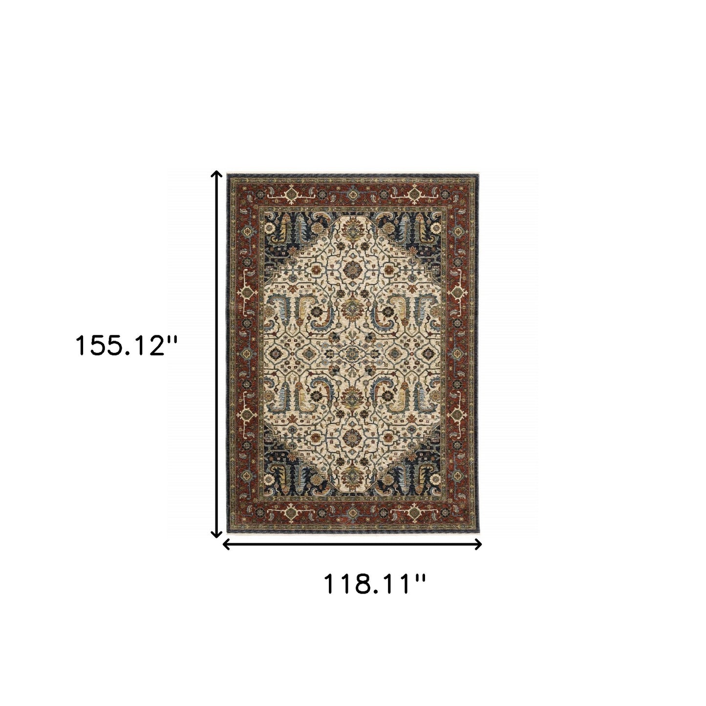 10' X 13' Ivory Beige Red Blue Gold Green And Navy Oriental Power Loom Stain Resistant Area Rug With Fringe