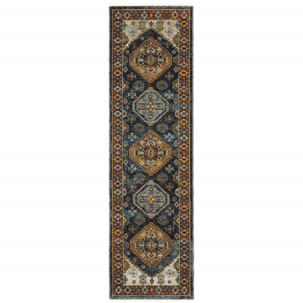 2' X 8' Blue And Beige Oriental Power Loom Runner Rug With Fringe