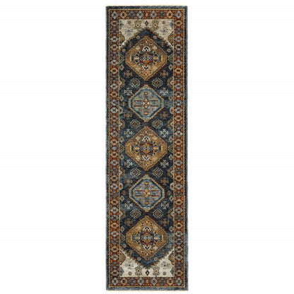 2' X 8' Blue And Beige Oriental Power Loom Runner Rug With Fringe