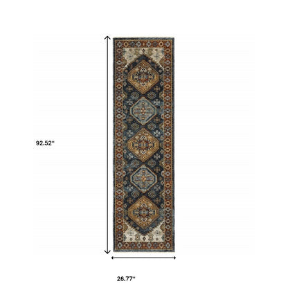 2' X 8' Blue And Beige Oriental Power Loom Runner Rug With Fringe