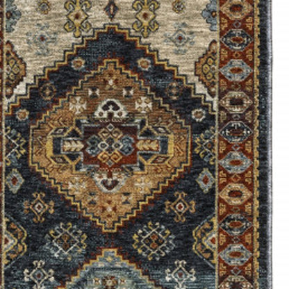 2' X 8' Blue And Beige Oriental Power Loom Runner Rug With Fringe