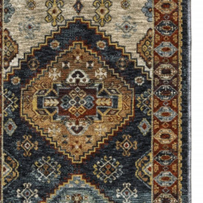 2' X 8' Blue And Beige Oriental Power Loom Runner Rug With Fringe