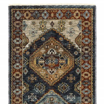 2' X 8' Blue And Beige Oriental Power Loom Runner Rug With Fringe