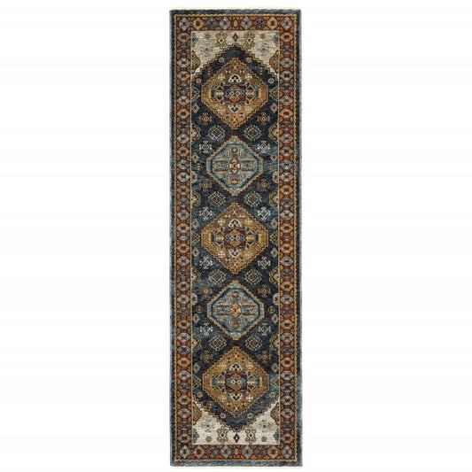 2' X 8' Blue And Beige Oriental Power Loom Runner Rug With Fringe