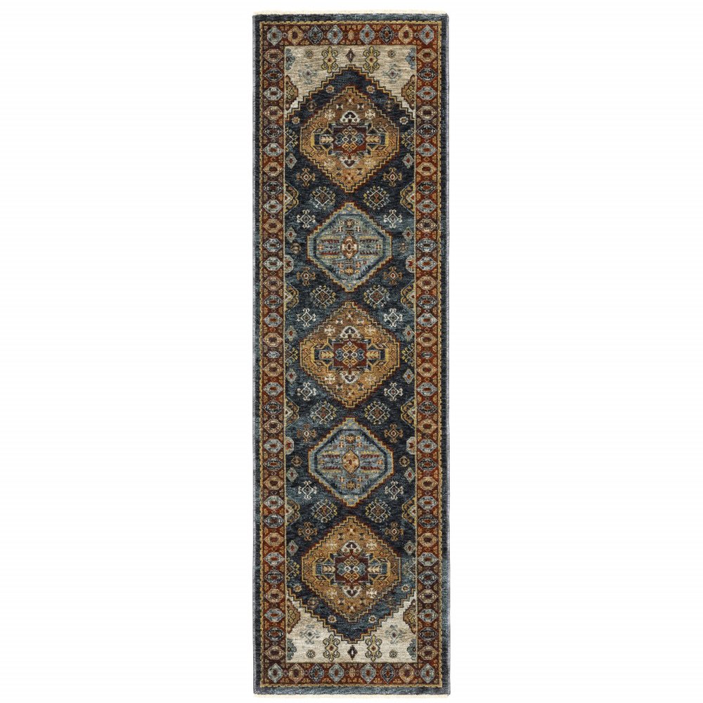 2' X 8' Blue And Beige Oriental Power Loom Runner Rug With Fringe