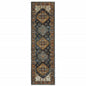 2' X 8' Blue And Beige Oriental Power Loom Runner Rug With Fringe