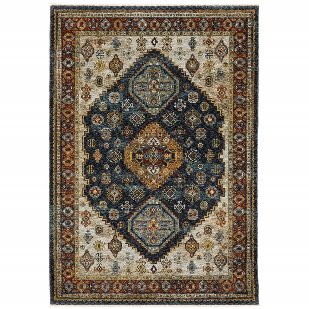 2' X 3' Blue Rust Red Beige Orange Gold And Tan Oriental Power Loom Stain Resistant Area Rug With Fringe