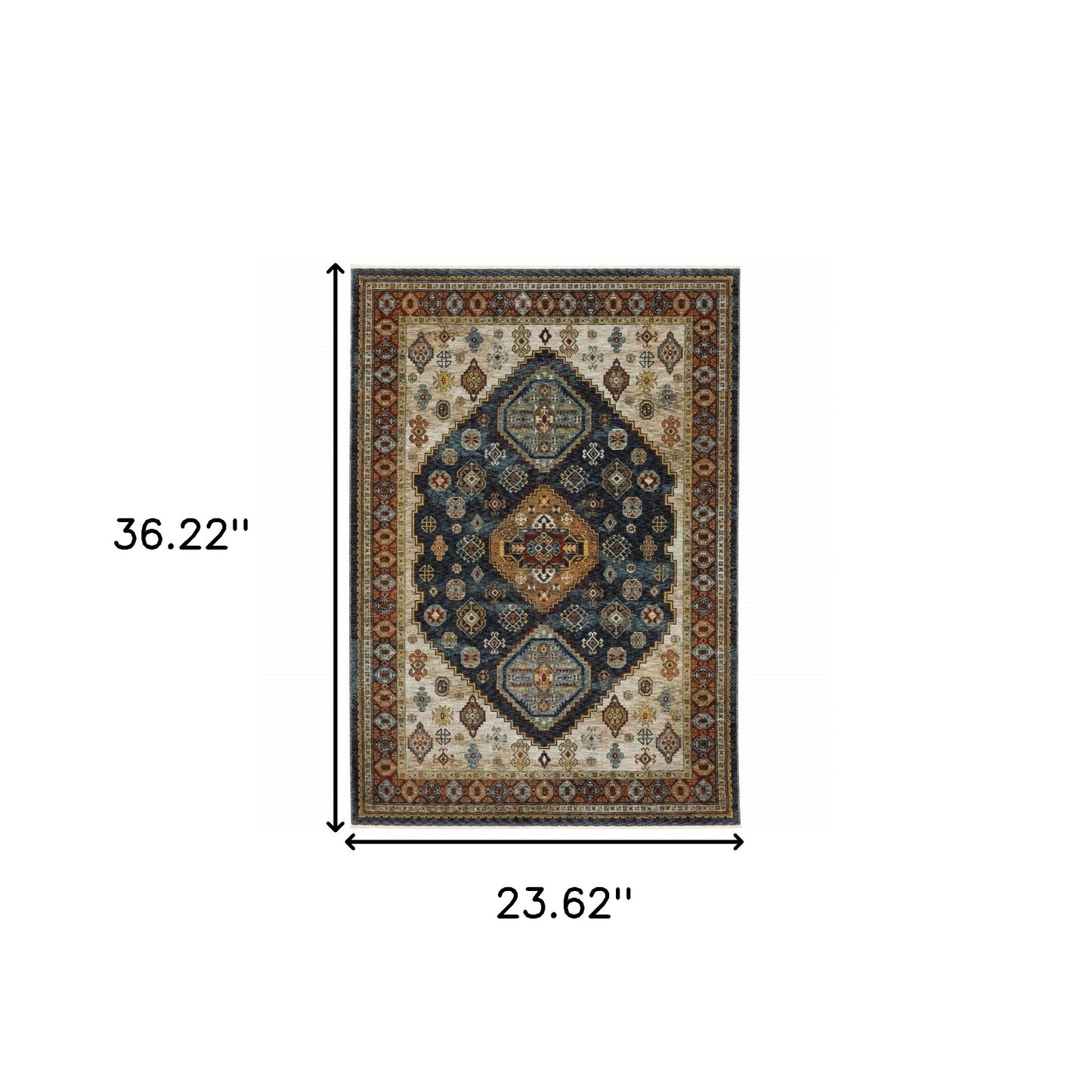 2' X 3' Blue Rust Red Beige Orange Gold And Tan Oriental Power Loom Stain Resistant Area Rug With Fringe